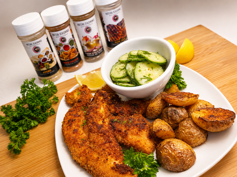 Crispy Chicken Tenders with Air Fryer Roasted Baby Potatoes & Cucumber Salad