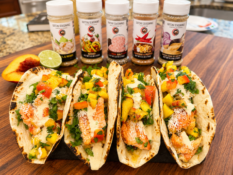 Honey Peach Glazed Salmon Tacos with Mango Peach Salsa