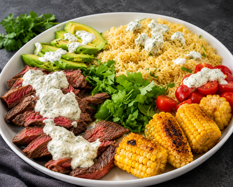 Steak, Avocado &amp; Roasted Corn Bowl with Cilantro Cream Sauce